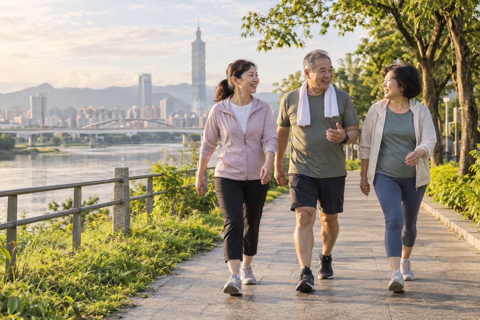 Three ordinary adults walking beside a Taipei riverside park