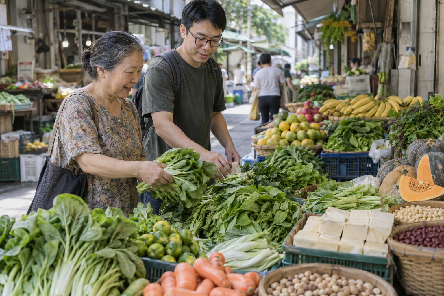 taipei-whole-food-market Two adults selecting vegetables, fruit, tofu and legumes at a Taipei market