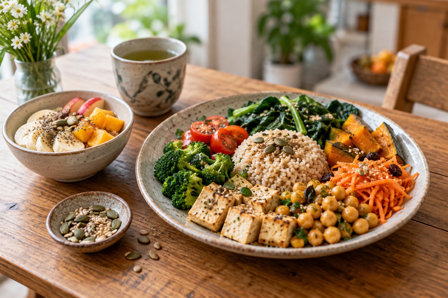whole-food-vegetarian-meal A balanced vegetarian meal with whole grains, tofu, chickpeas, vegetables, fruit, nuts and seeds